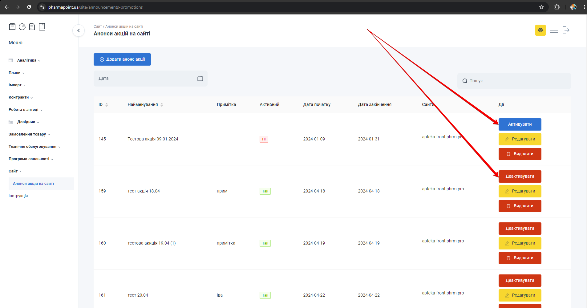Кнопка Активувати або Деактивувати анонс акції