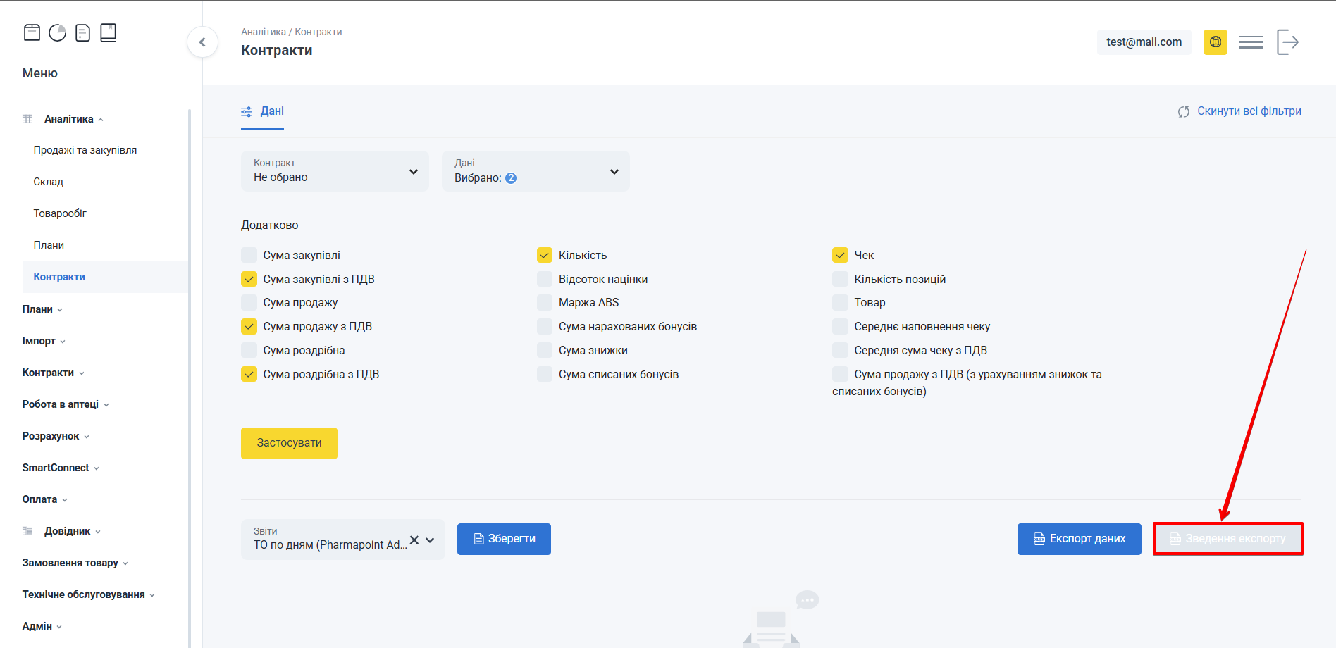 Кнопка Зведення експорту