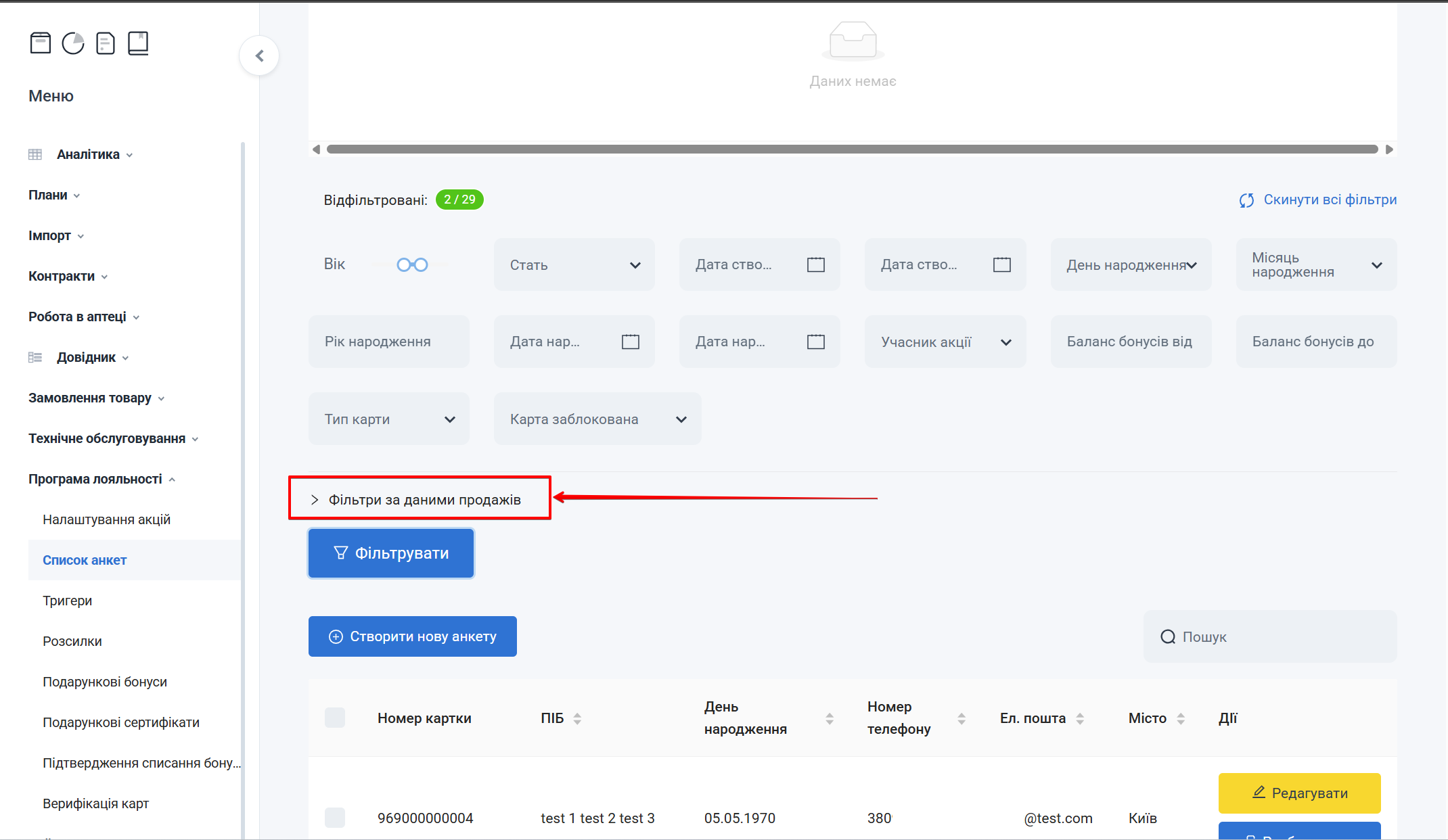 Фільтри за даними продажів
