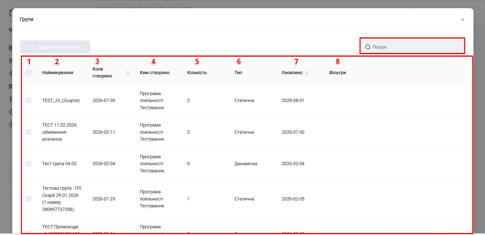 Попап Групи для вибору аудиторії