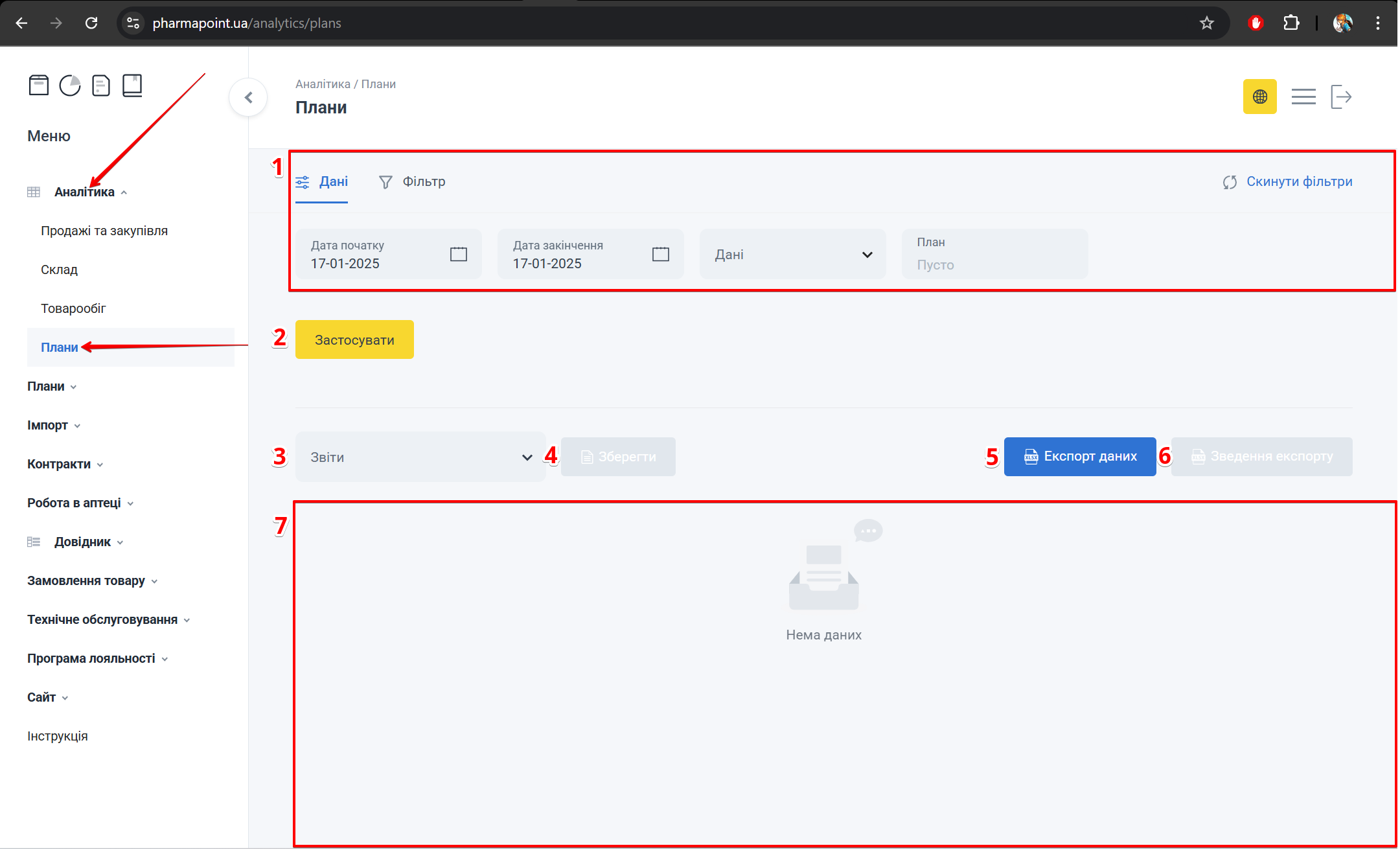 Інтерфейс розділу Плани: вкладки, панель керування та таблиця