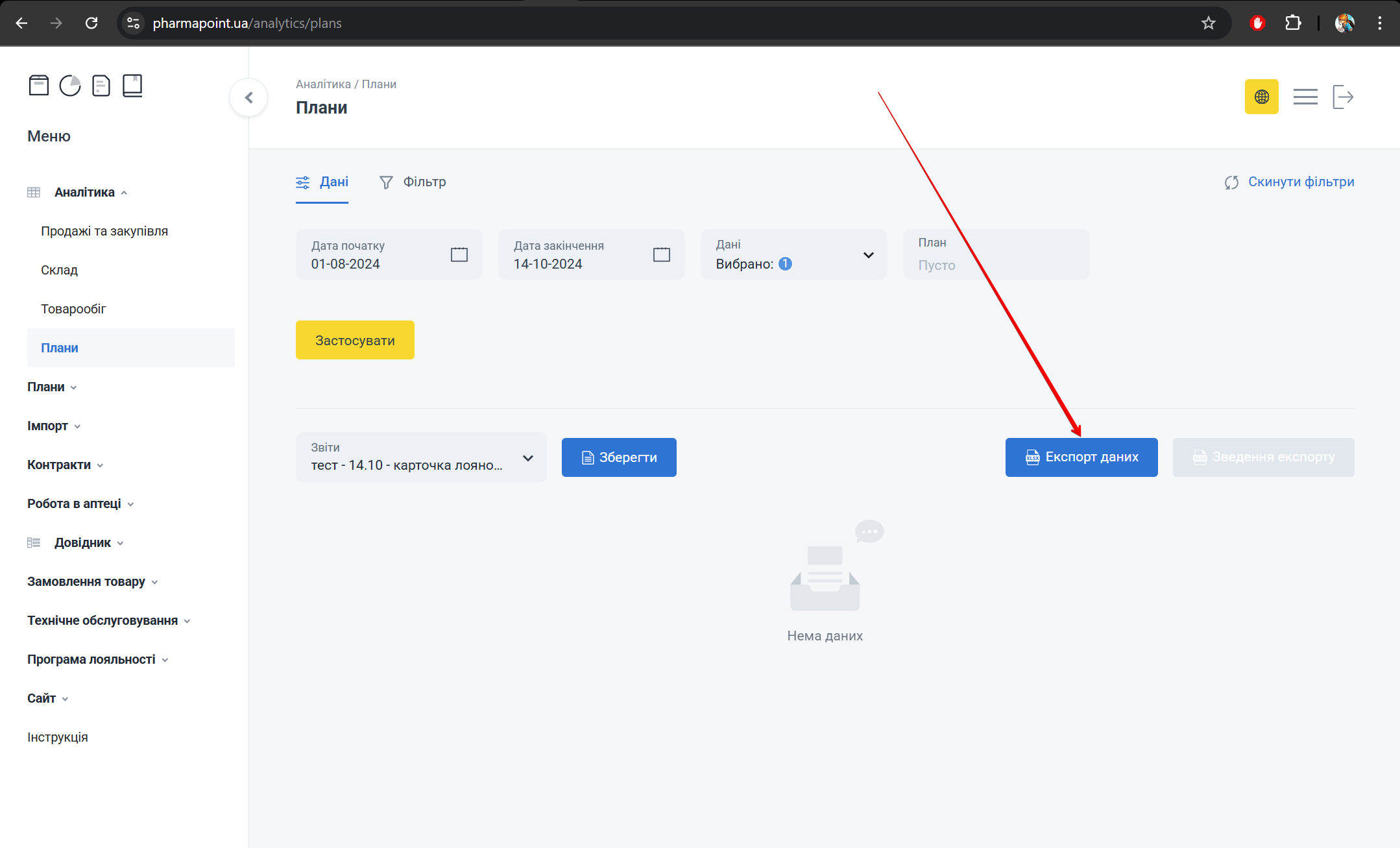 Кнопка Експорт даних на панелі звіту Плани