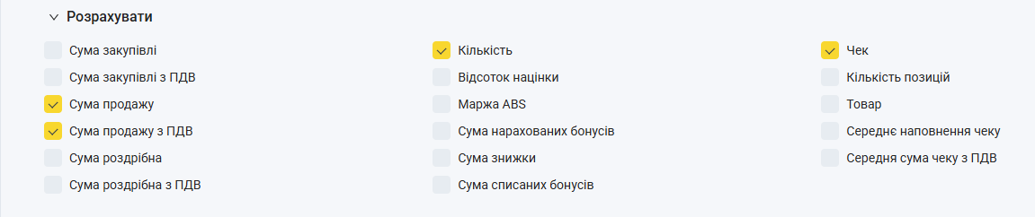 Випадаючий список поля Розрахувати